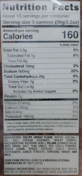 The Nutrition Facts of Al Safa Beef Samosa (Hand Made) 