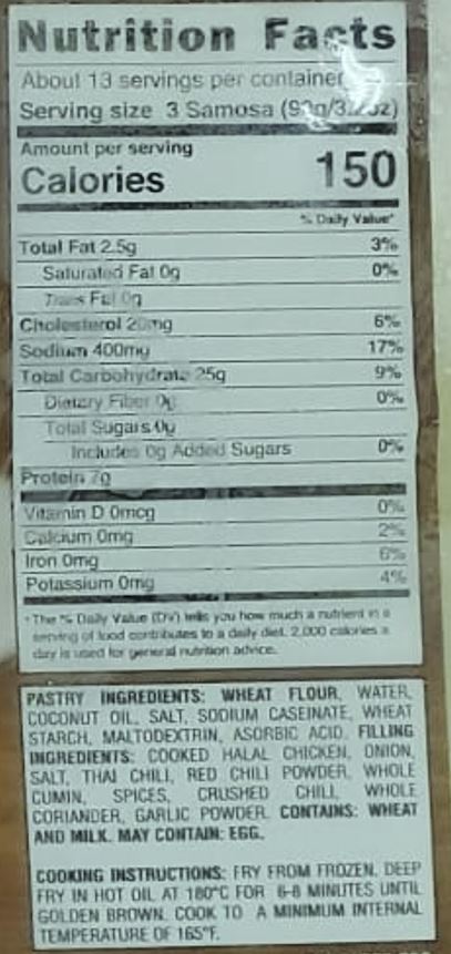 The Nutrition Facts of Al Safa Chicken Samosa (Hand Made)  Box 
