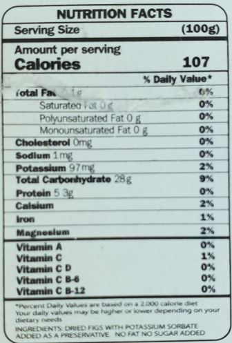 The Nutrition Facts of Ariana Premium Dried Figgs 