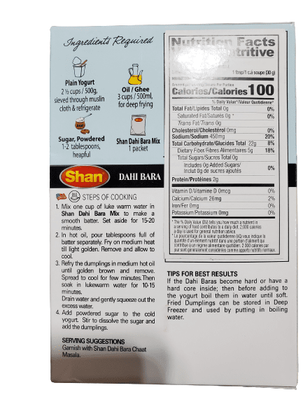 The Nutrition Facts of Shan Dahi Bara Mix 