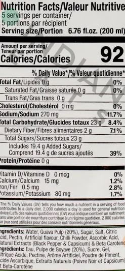 The Nutrition Facts of Dabur Real Masala Guava Drink 