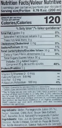 The Nutrition Facts of Dabur Real Pomegrenate Drink 