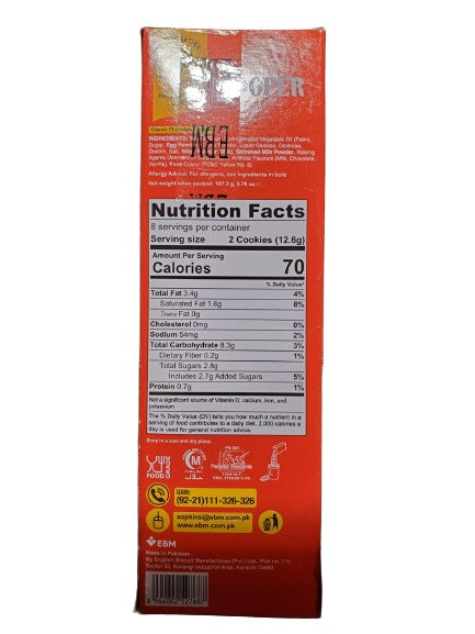 The Nutrition Facts of EBM Sooper Chocolate Biscuit Pita Plus Inc.