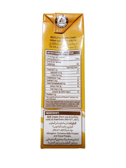 The Nutrition Facts of Nestle Milk Pak Cream 