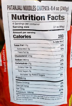 The Nutrition Facts of Patanjali Chatpata Atta Noodles 