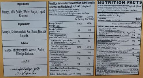 The Nutrition Facts of United King Riwayati Kulfi Mango Flavour 