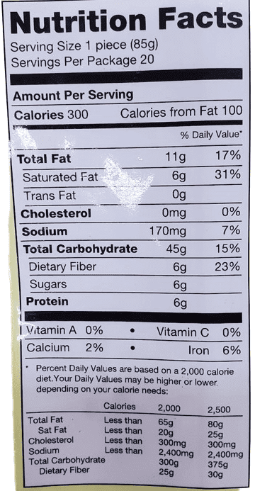 The Nutrition Facts of Kawan EZY Paratha Value pack (20pcs) 