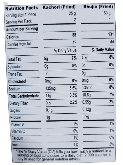 The Nutrition Facts of United King Dal Kachori 12 pcs 